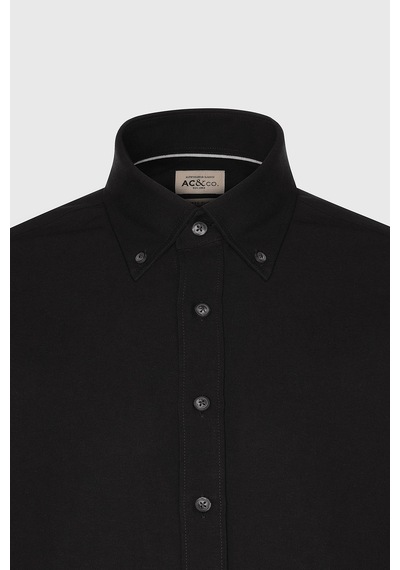 Erkek Sıyah Slim Fit Dar Kesim Düğmeli Yaka Pamuklu Oxford Gömlek Siyah