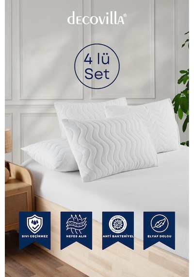 Micro Kapitone Yastık Alezi Sıvı Geçirmez 4 Lü Set Yastık Koruyucu 50x70 Beyaz