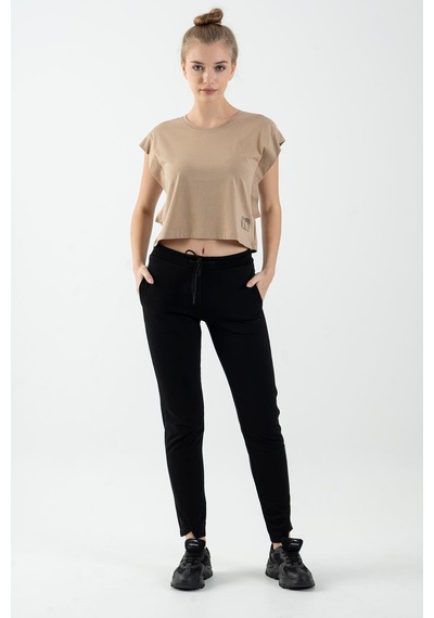Maraton Regular Kadın Bisiklet Yaka Açık Vizon Crop Top Vizon