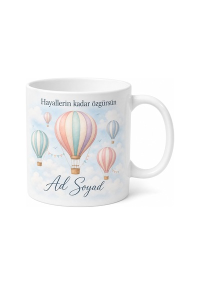 Hava Balonu Temalı Baskılı Kupa Bardak Porselen Hediye Mug Beyaz / Çok Renkli