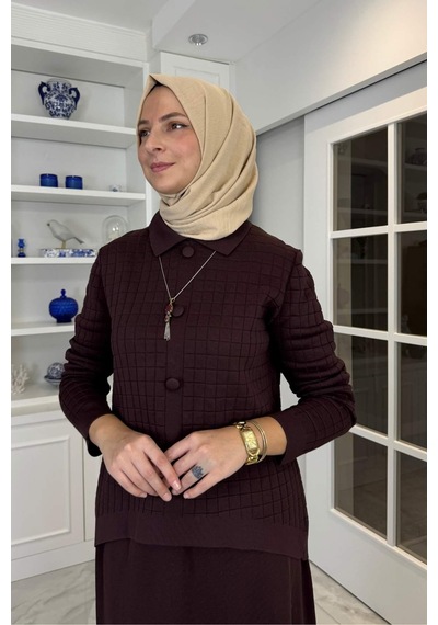 Rabia Şamlı Kumsal Triko Takım Acı Kahve Çok Renkli