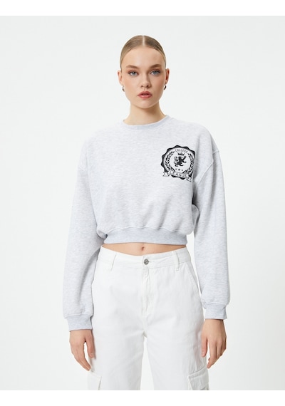 Koton Crop Sweatshirt Bisiklet Yaka Baskılı Gri 4sak10238ek Gri