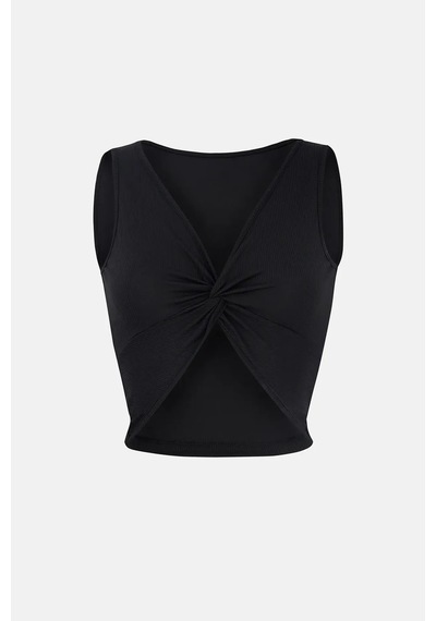 Hiccup Düz Renkli Fitilli Ön Kıvrık Crop Top Siyah