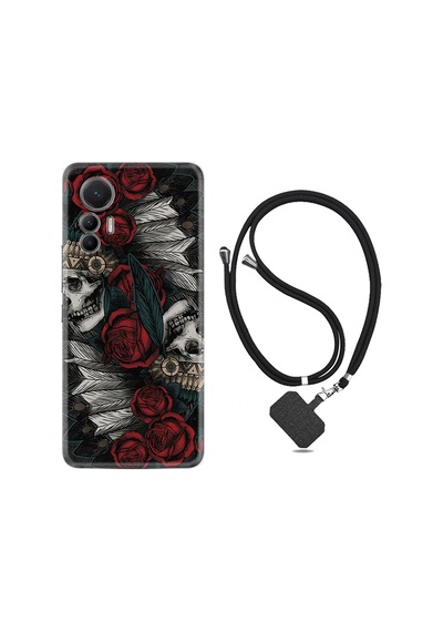 Xiaomi 12 Lite Kılıf İpli Boyun Askılı Desenli Silikon Skull Rose 1673