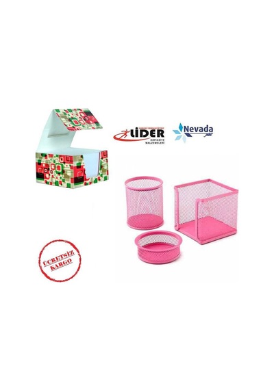 3 Lü Kalemlik Seti Metal Pembe Perfore +küp Not Kağıdı N11.19959