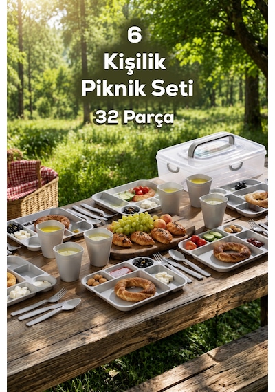 Porsima Ac-101-1 32 Parça 6 Kişilik Pratik Taşınabilir Piknik Seti - Saklama Kutulu Piknik Sepeti Gri