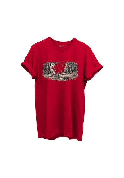 Doğa Ve Avcılık Konseptli Orman Sahnesi Baskılı %100 Pamuk Regular Fit Bisiklet Yaka Unisex T-shirt Kırmızı