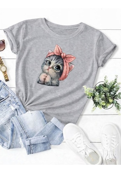 Unisex Sweet Cat Baskılı Oversize T-shirt Gri