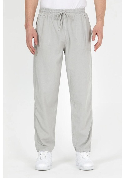 Baw Company Unisex Ince Yazlık Beli Lastikli Kordonlu Keten %100 Pamuklu Kumaş Pantolon Pijama Gri