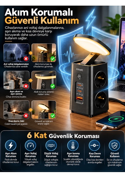 Akım Korumalı 4'lü Priz 1 Usb 2 Type-c Gece Lambalı Masaüstü Hızlı Şarj Çoklayıcı 0 - 2 M