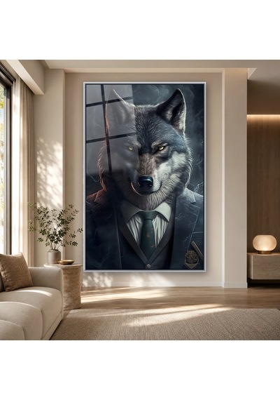 Takım Elbiseli Kurt Gümüş Çerçeveli Cam Tablo