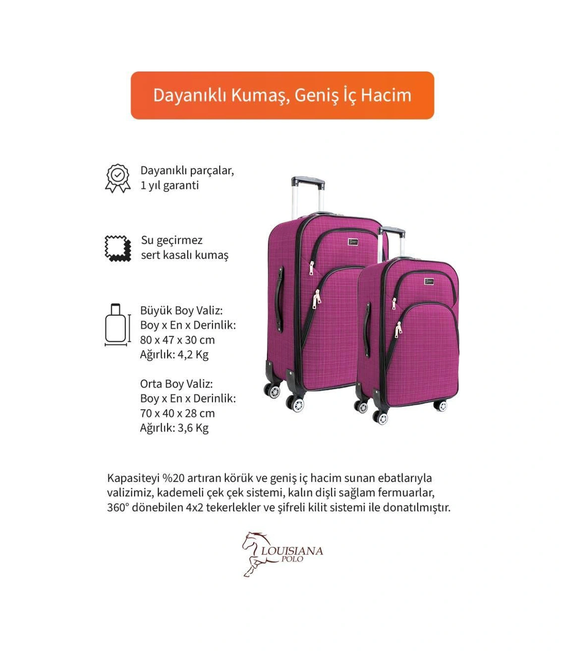 Büyük Ve Orta Boy Valiz Seti 4 Teker Kumaş Valiz Pembe 1081 Pembe