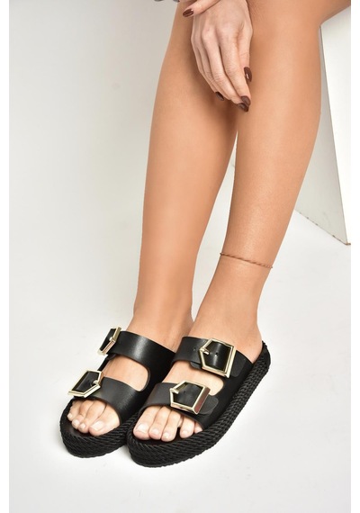Fox Shoes U596030209 Siyah Kadın Terlik Siyah-suni Deri Siyah