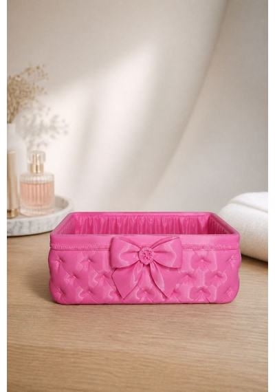 Fiyonk Detaylı Takı Ve Makyaj Organizer Kutusu Modern Masaüstü Düzenleyici Pembe