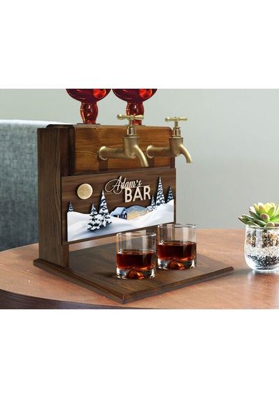 Bk Gift Kişiye Özel Kabartma Yeni Yıl Tasarımlı İsimli Çift Musluklu Doğal Ahşap İçki Standı-11, İçki Standı, Doğum Günü Hediyesi, Ev Hediyesi Bitmeye