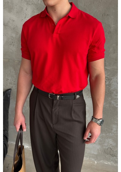 Erkek %100 Pamuk Düğmeli Polo Yaka T-shirt Kırmızı