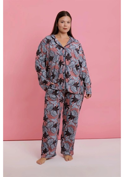 Kadın Büyük Beden Somon Yaprak Desenli Düğmeli Pijama Takımı Somon