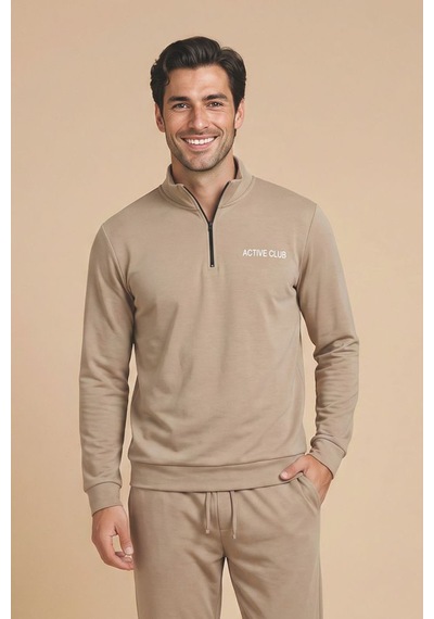 Wordex Mirano 3252 Erkek Fermuar Detaylı Kışlık Spor Eşofman Pijama Takımı Bej