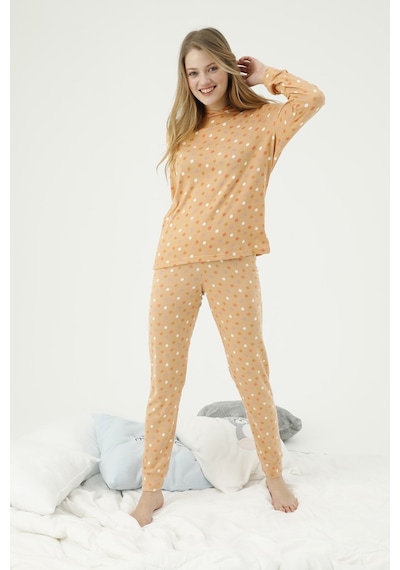 Siyah İnci Kapüşonlu Alt Üst Polar Pijama Takım Desenli