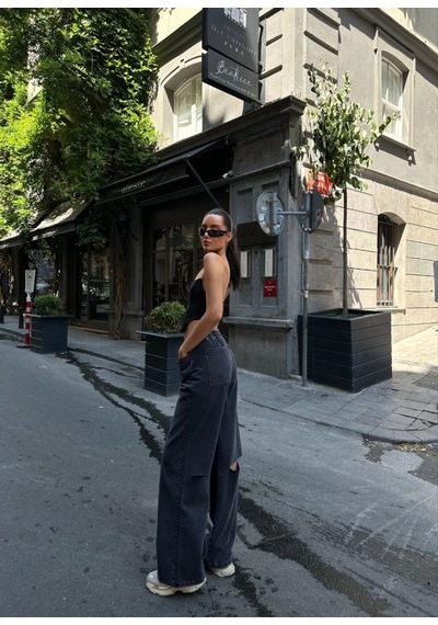 Freedom Storee Kadın Arkadan Yırtmaçlı Jeans Kot Palazzo Pantolon - Siyah Çok Renkli