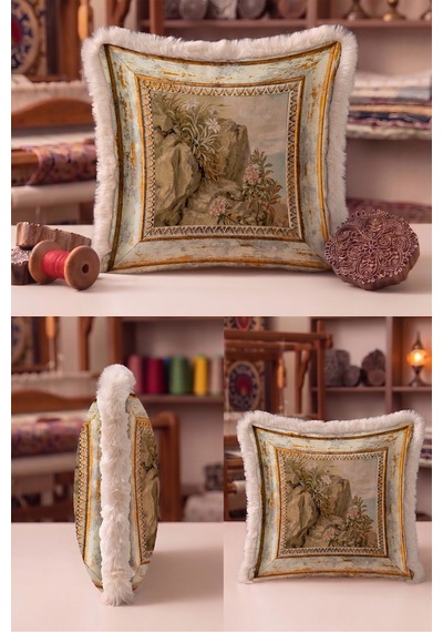 Vintage Antik Çerçeveli Saçaklı Yastık Kılıfı - Şato Rustik Bej Gri Vizon Püsküllü Kırlent Kılıfı Gümüş