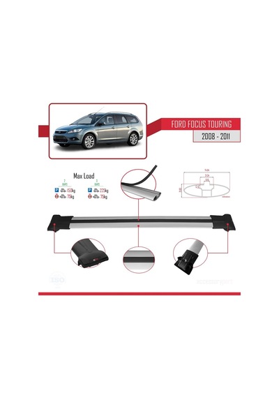 Ford Focus Tourıng 2008-2011 Arası İle Uyumlu Fly Model Ara Atkı Tavan Barı Gri