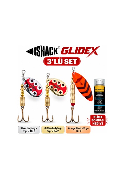 Fishack Glidex 3'lü Döner Kaşık Seti + Klima Bombası - Silver Ladybug 7 Gr No:3 + Golden Ladybug 5 Gr No:2 + Orange Flash 12 Gr No:4