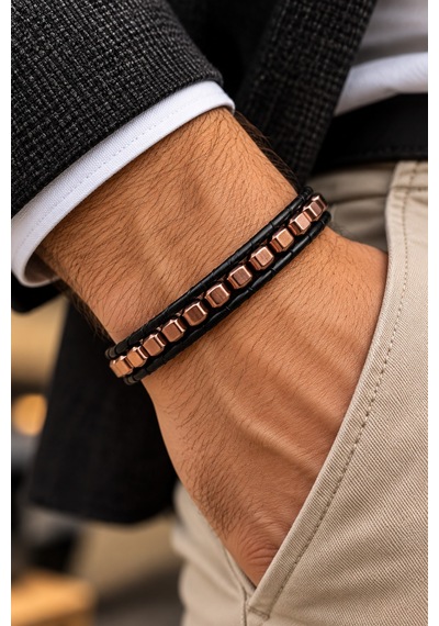 %100 Deri Ve Hematit Kombinli Erkek Bileklik Boyut Net 21 Cm Türk El Üretimi Rose Gold