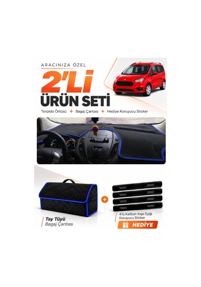 Ford Courier 2013-2020 Ekransız Uyumlu Torpido Örtüsü + Tay Tüyü Bagaj Çantası Seti - Siyah Mavi
