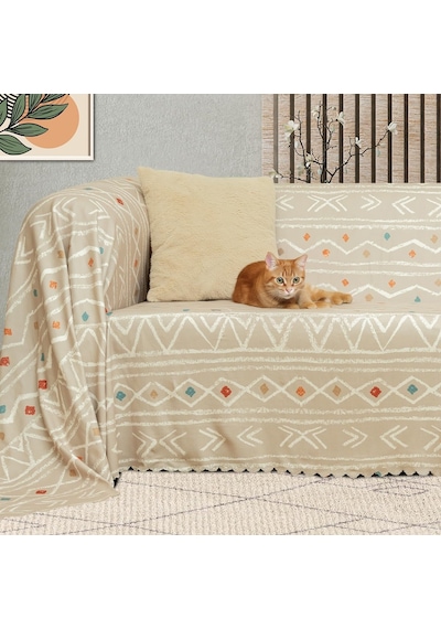 Latuda Concept Softmicro Boho Etnik Desenli Mikrofiber Koltuk Örtüsü Ve Şalı, Kaymaz Bej 180x300 Cm Genel