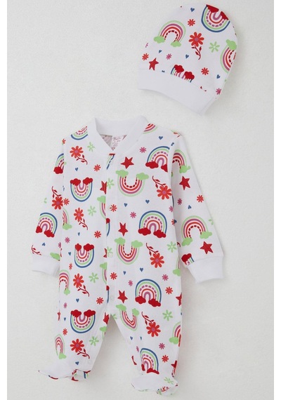 Breeze Kız Bebek Patikli Tulum Gökkuşağı Masalı Çiçek Desenli 0-6 Ay, Beyaz Beyaz