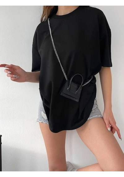 Unisex Siyah Pamuklu Oversize T-shirt - Bisiklet Yaka Siyah