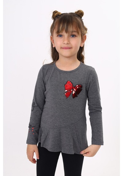 Toontoy Kids Toontoy Kız Çocuk Göğsü Pullu Fiyonklu Nakışlı T-shirt Antrasit