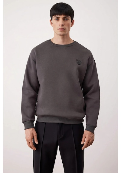 Benerly Erkek Bisiklet Yaka Düşük Kol Oversize Kalın Nakışlı Sweatshirt F Antrasit