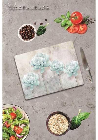 Mavi Çiçekler Cam Kesme Tahtası - Cam Kesme Tablası 30 Cm X 40