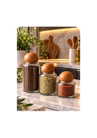 3 Lü Ahşap Top Kapaklı Lüx Cam Kavanoz Seti Akasya Kapak Saklama Kabı Çay Şeker Kahve Kavanoz Set Bej Bej