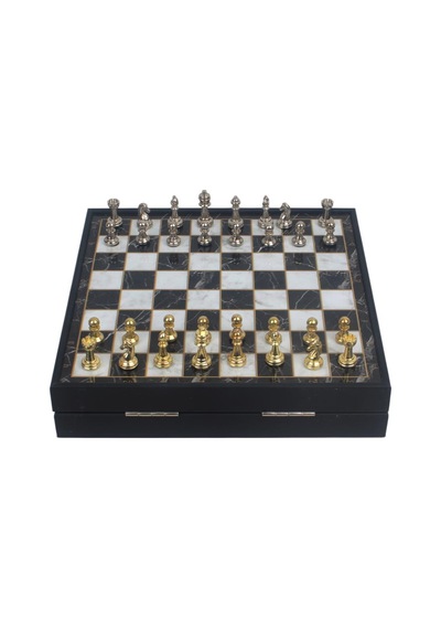 Lüks Sandıklı Metal Satranç Takımı Krom Kaplama Klasik Gold Temalı Figür Mermer Desen Zemin 20 Cm.