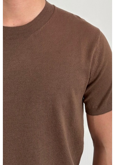 Tarz Cool Erkek Slim Fit Bisiklet Yaka Triko T-shirt Kahverengi