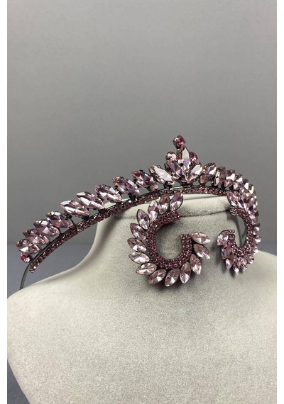 FdayAksesuar En Güzel Gelinlere Pembe İnce İlayda Model Gelin Tacı Ve Yuvarlak Taşlı Küpe Takımı FRDY30116