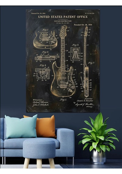Gitar Teknik Planı Sanat Tasarımı Dekoratif Kanvas - Mdf Ahşap Tablo