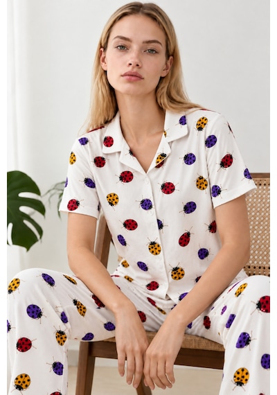 Kadın Desenli Beyaz Kısa Kollu Pijama Takımı 4828