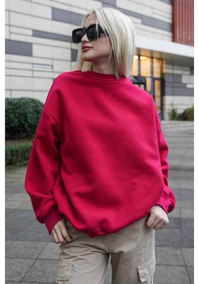Madmext Madmext MG1559 Bisiklet Yaka Basic Kadın Sweatshirt - Fuşya