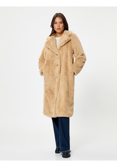 Koton Oversize Peluş Kaban Uzun Cep Detaylı Düğmeli Bej 4wak00169ew 4WAK00169EW050 Ekru