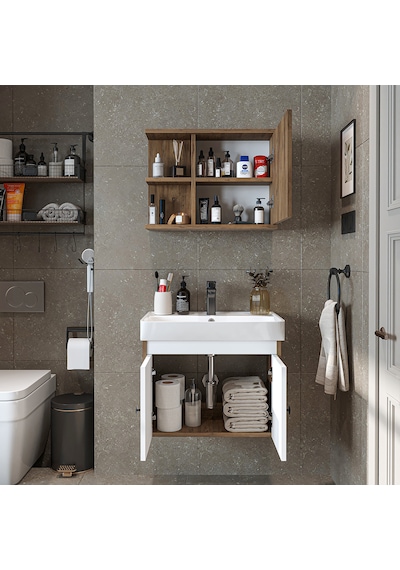 Lavabolu Mat Suntalam 60 Cm Banyo Dolabı + Aynalı Üst Dolabı Atlantik Çam - Beyaz Lavabolu Mat Suntalam 60 Cm Banyo Dolabı + Aynalı Üst Dolabı Atlantik Çam - Beyaz