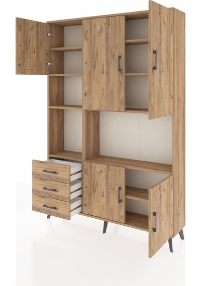 Arges Dolap 9 Raflı 3 Çekmeceli 5 Kapaklı 132x30x195 Çam-çam/çam Çam