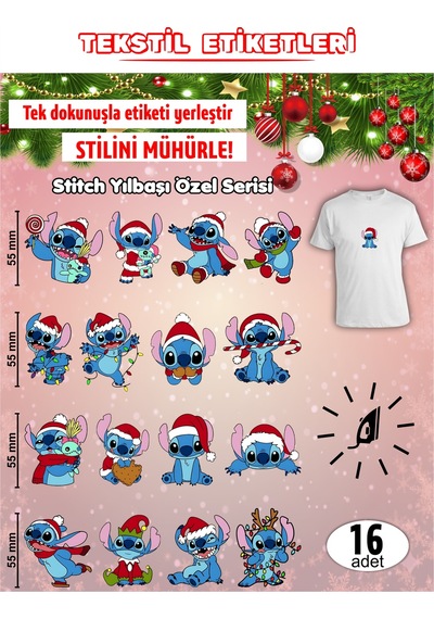 Ütü İle Yapışan Kıyafet Etiketi Stitch Yılbaşı Özel Seri 16lı Set Karışık