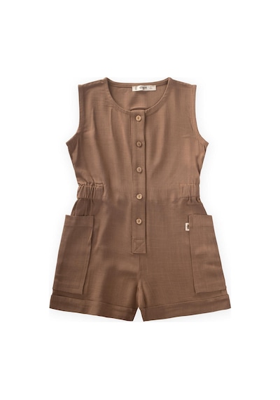 Cigit Yanları Cepli Kısa Boy Keten Tulum 2-7 Yaş Caramel Karamel