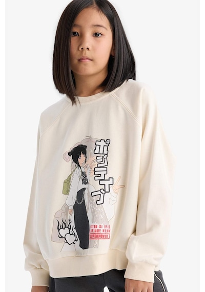 DeFacto Kız Çocuk Relax Fit Bisiklet Yaka Anime Baskılı Sweatshirt D8817A825SPER99 Ekru