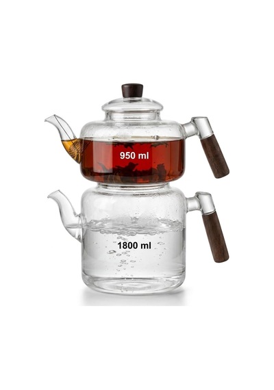 Akasya Cam Çaydanlık Takımı 1800 Ml + 950 Ml - Ahşap Kulplu Isıya Dayanıklı Borosilikat Şeffaf Çaydanlık çok renkli