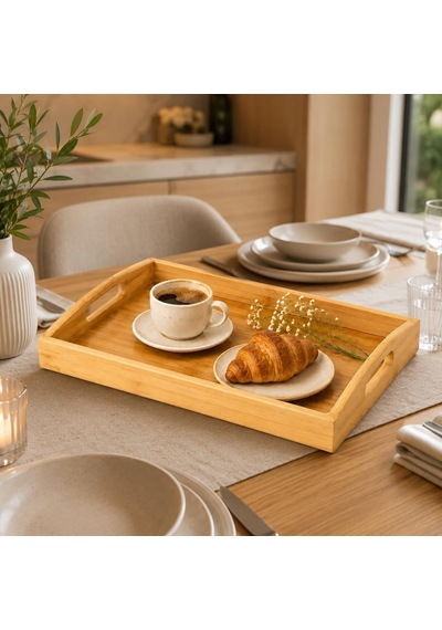 %100 Doğal Bambu Servis Tepsisi 33 X 22 Cm, Kulplu Kahvaltı Tepsisi, Çay Ve Kahve Sunum Tepsisi, Hafif Ve Dayanıklı Çok Amaçlı Bambu Tepsi